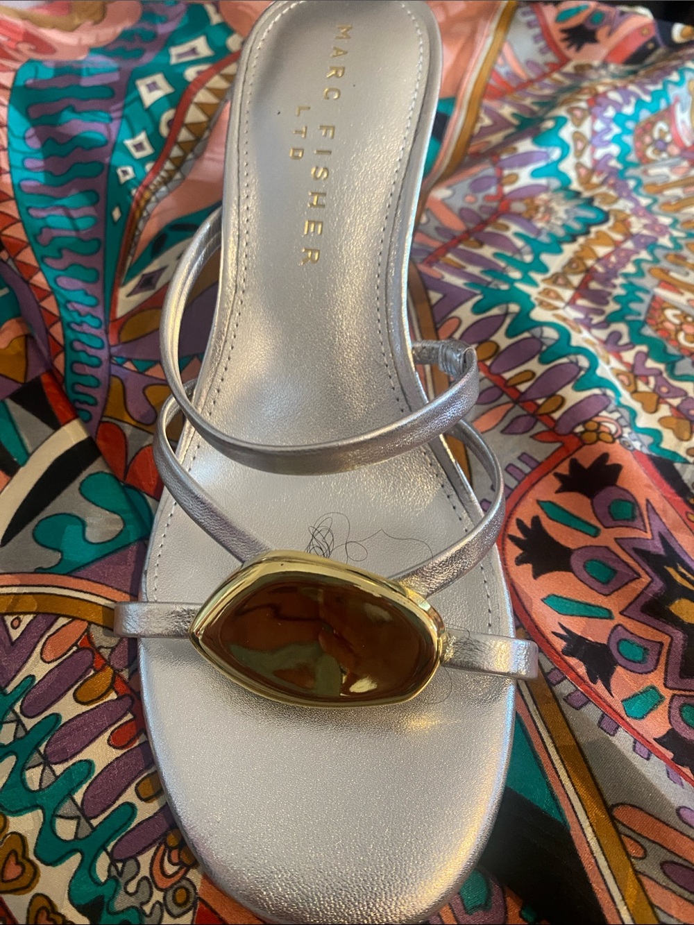 Marc Fisher Silver Strappy Sandal with Gold-Tone Gem